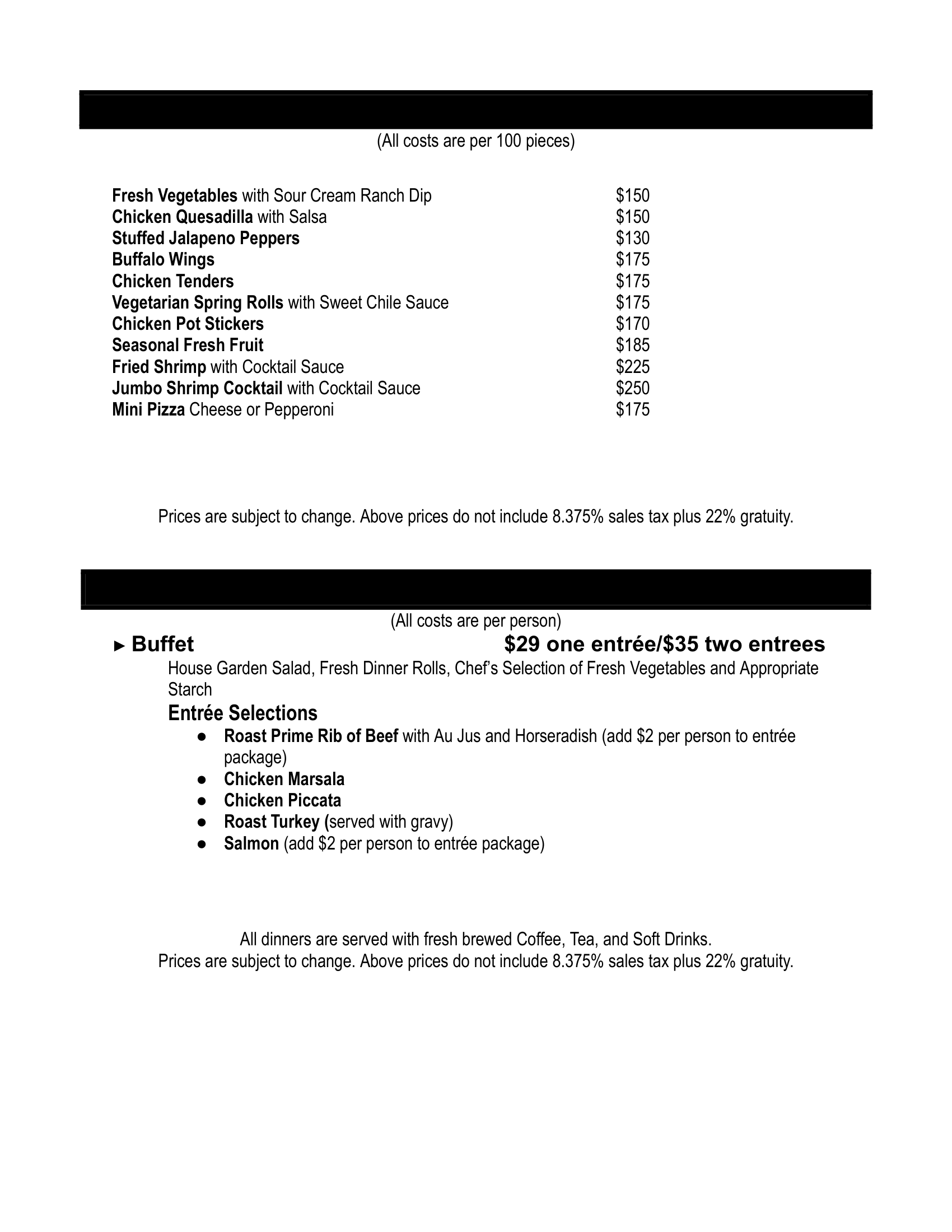 Banquet Menu Party- Durango Hills